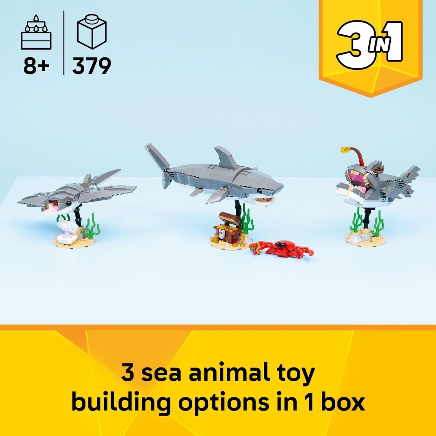 Lego Fierce Shark Building Set with Treasure Chest - Create Shark, Fish, or Manta Ray Figures - Ideal Decor for Kids Ages 8+ - 31381