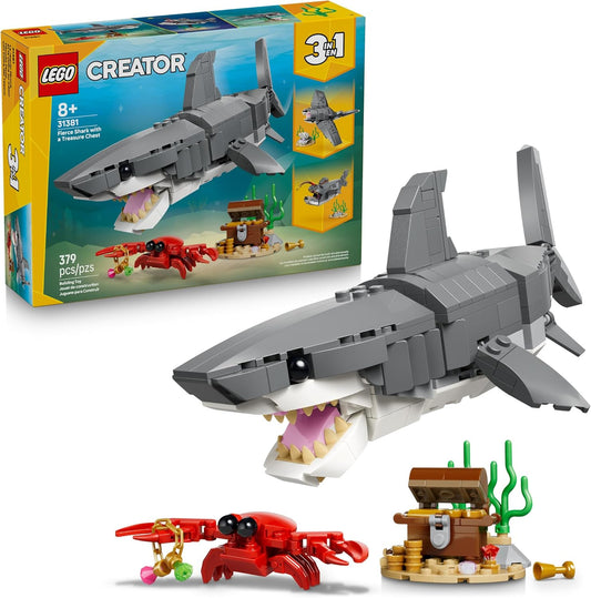 Lego Fierce Shark Building Set with Treasure Chest - Create Shark, Fish, or Manta Ray Figures - Ideal Decor for Kids Ages 8+ - 31381